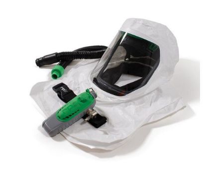 Picture of T-Link Respirator, includes: 17-110 T-Link Bump Cap Assembly, 17-713 Tychem 4000 Sealed Seams Hood, 04-833 SAR Breathing Tube, 03-501 C40 Climate Control Device