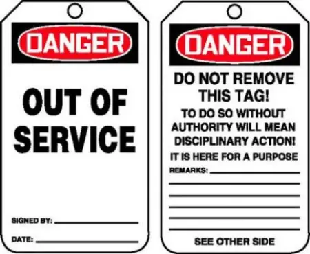 Picture of OSHA Danger Safety Tag: Out Of Service, 25/PK, PER PK